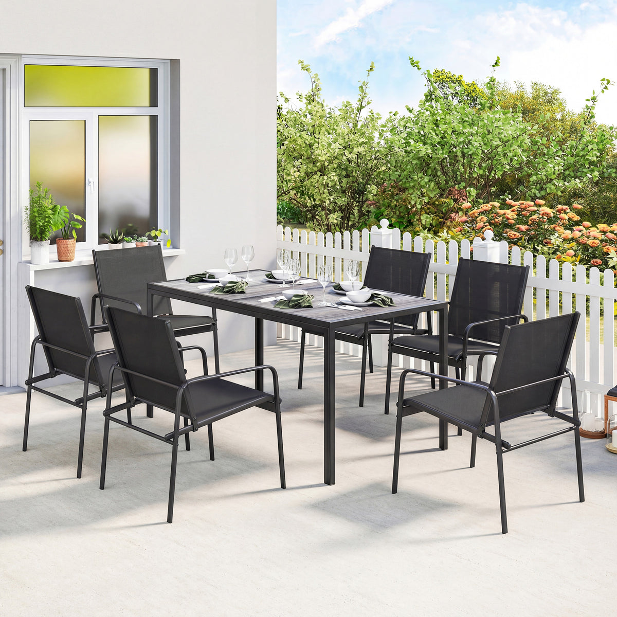 Salon de Jardin Extérieur pour 6 Personnes, Table de Patio Effet Bois et Chaises avec Assise en Maille Respirante, Cadre en Acier Galvanisé, Noir-1