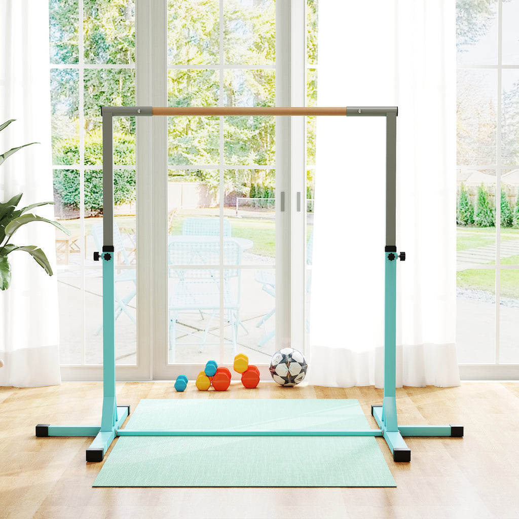 Barre fixe de gymnastique pour enfant, hauteur réglable 13 niveaux de 92-150 cm, en acier et bois en hêtre, cyan-7