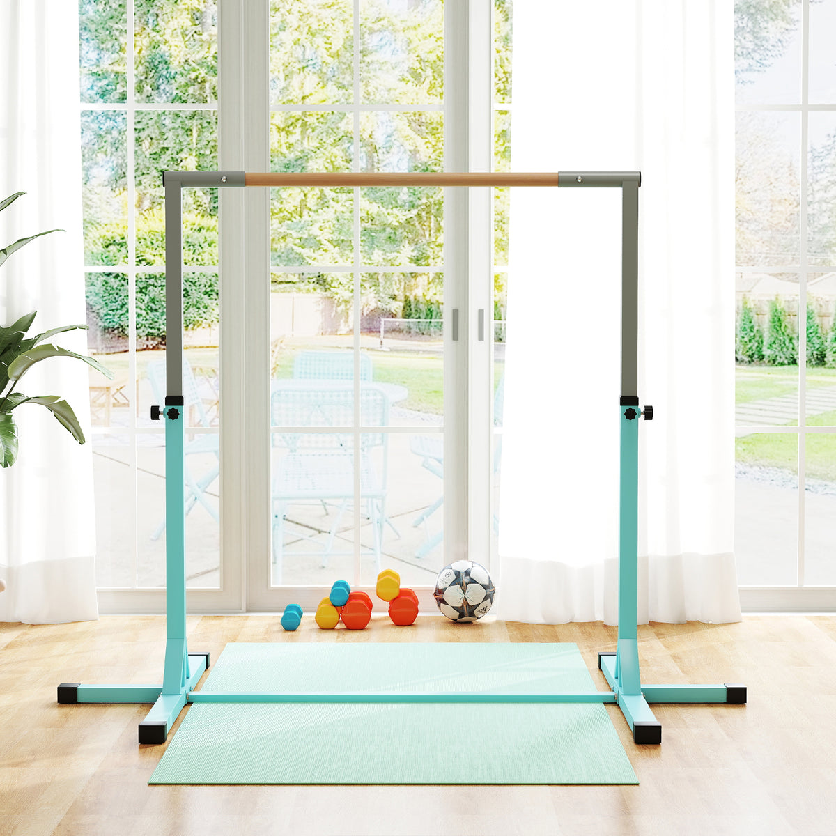 Barre fixe de gymnastique pour enfant, hauteur réglable 13 niveaux de 92-150 cm, en acier et bois en hêtre, cyan-7