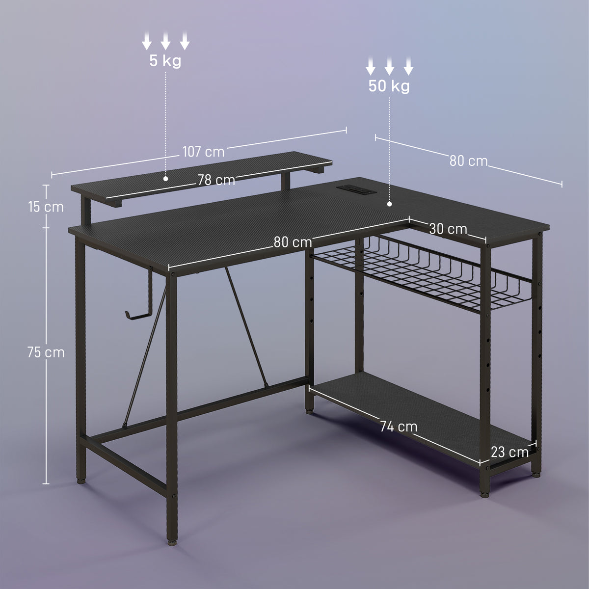 Bureau d'angle réversible, bureau d'ordinateur avec LED, 2 prises et 2 ports USB et panier réglable, 107x80x90cm, noir-2