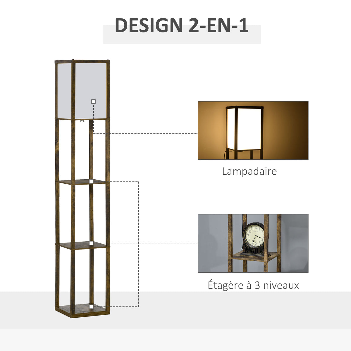 Lampadaire étagère Lampe étagère 26L x 26l x 160H cm 3 étagères 4 Niveaux MDF Blanc et Marron-3