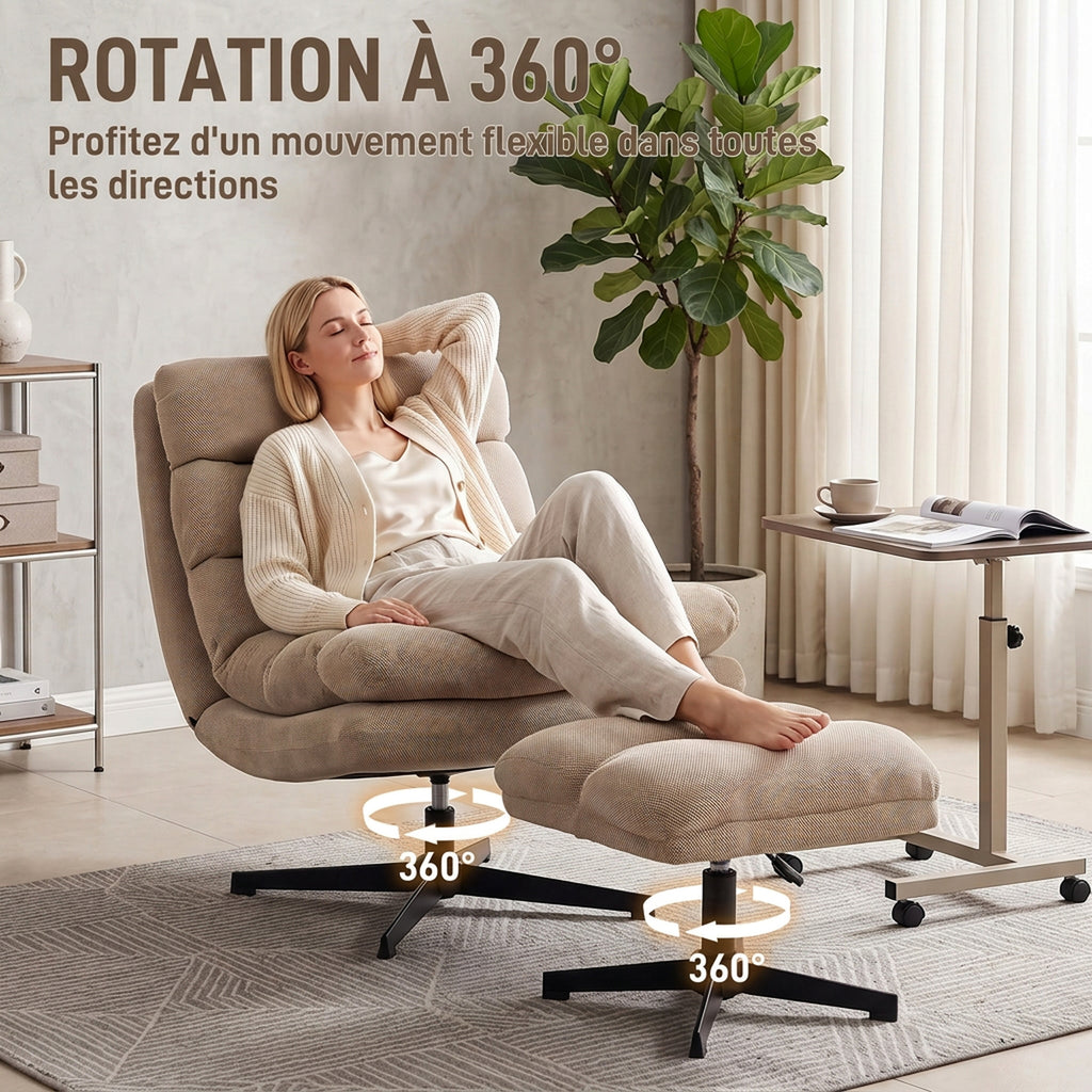 Fauteuil de Salon avec Repose-Pied Réglable, Rotation 360°, Fauteuil d'Appoint Capitonné en Lin, Assise Large, Marron-4