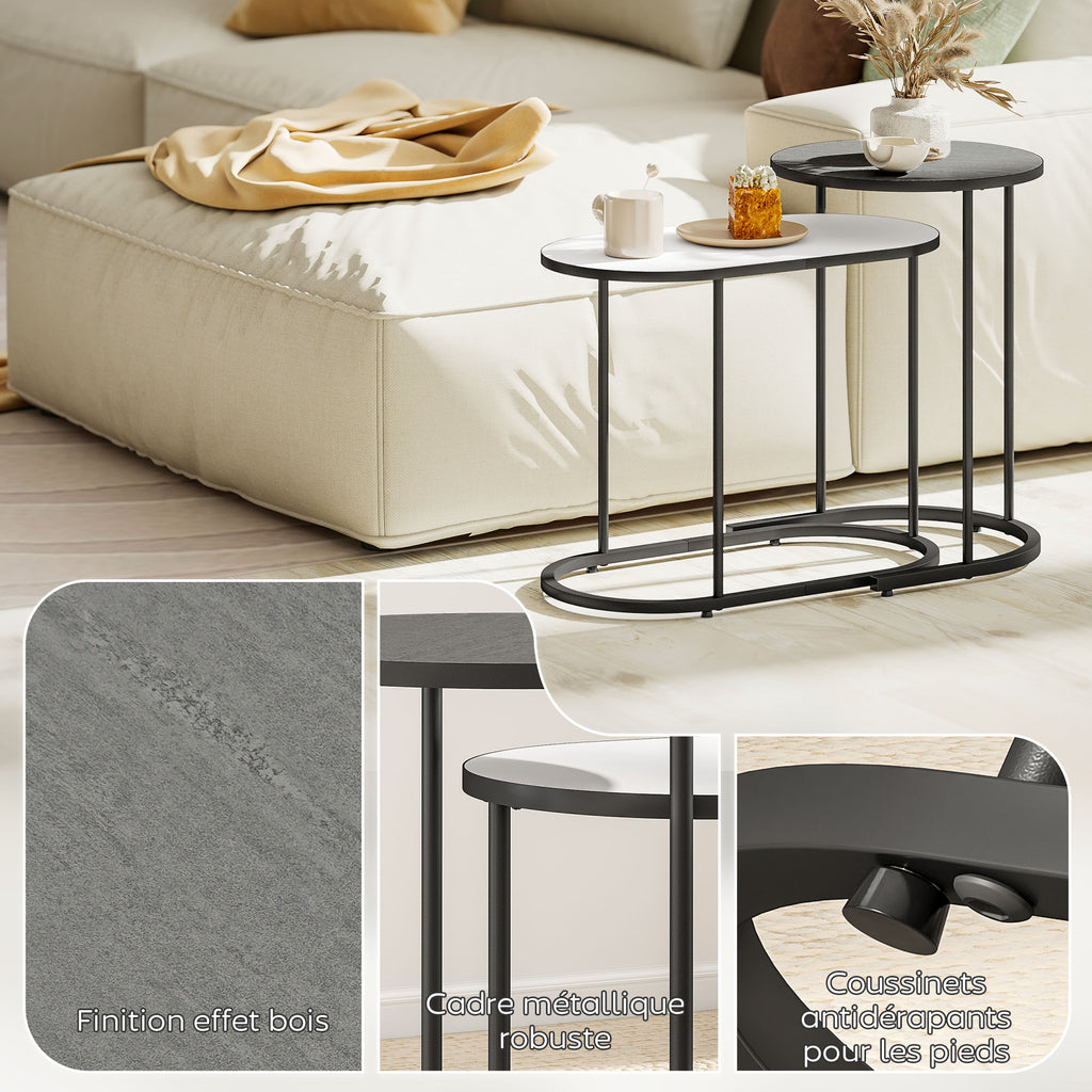 Lot de 2 tables basses gigognes, tables d'appoint empilable style contemporain, cadre en métal gris et blanc-4
