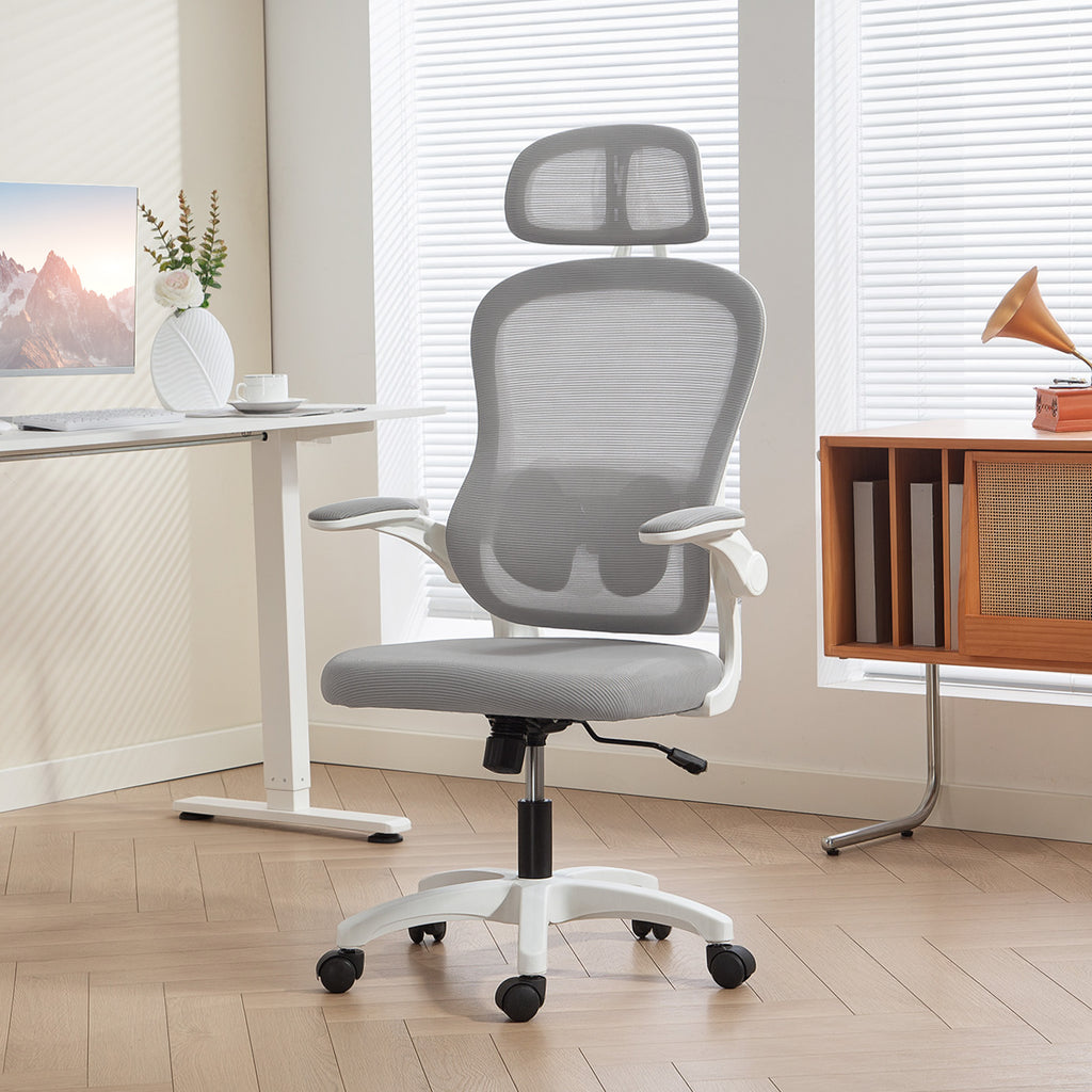 Chaise Bureau Ergonomique, Fauteuil de Bureau en Maille avec Accoudoirs Rabattables, Hauteur Réglable, 64x62x115cm, Gris-9