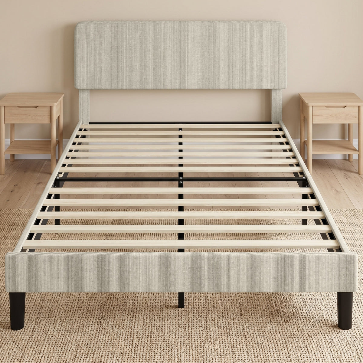 Cadre de Lit 140 x 190 cm avec Sommier, Tête Réglable, Lit Double Rembourré en Velours Côtelé, Sans Bruit, Gris Clair-1