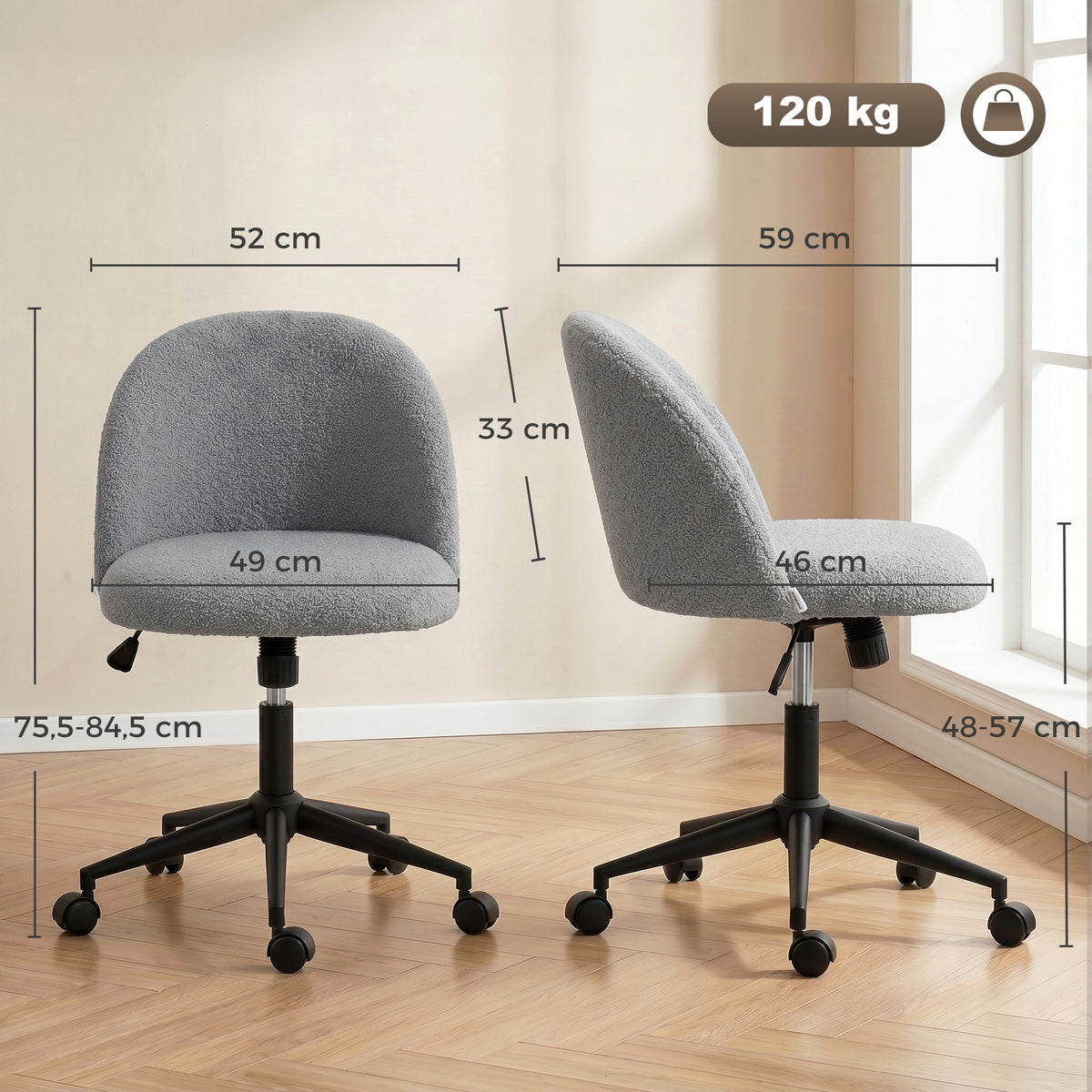 Chaise de Bureau Pivotante en Fourrure Teddy, Hauteur Réglable, Roulettes, Mousse Haute Résilience, Gris-2