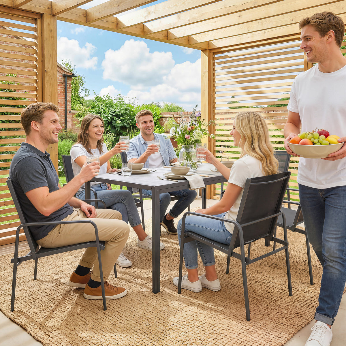 Salon de Jardin Extérieur pour 6 Personnes, Table de Patio Effet Bois et Chaises avec Assise en Maille Respirante, Cadre en Acier Galvanisé, Noir-8