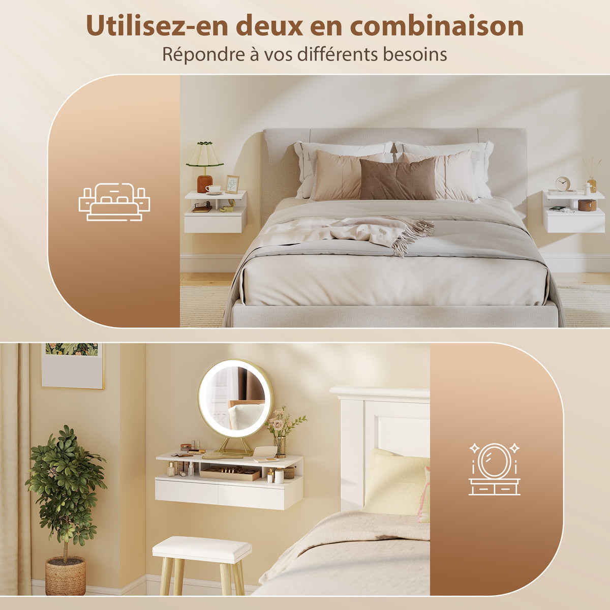 Lot de 2 tables de chevet murales, tables de nuit suspendues avec tiroir, étagère ouverte, 35x32x22,5cm, blanc-5