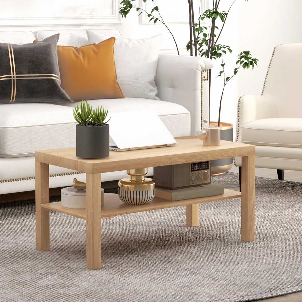 Table basse de salon, table d'appoint rectangulaire à 2 niveaux avec étagère de rangement, 90x45x44,5cm, bois naturel-9
