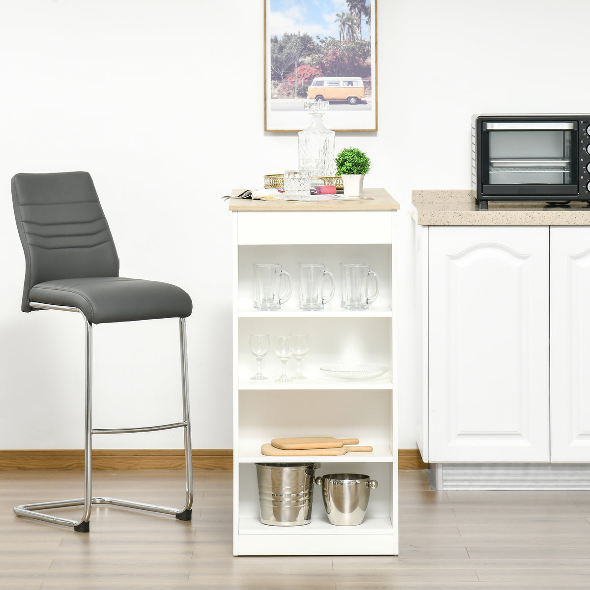 Table de bar pour 2 personnes, table haute mange debout avec 4 étagères ouvertes, 115x50x102,7cm, blanc et bois naturel-6