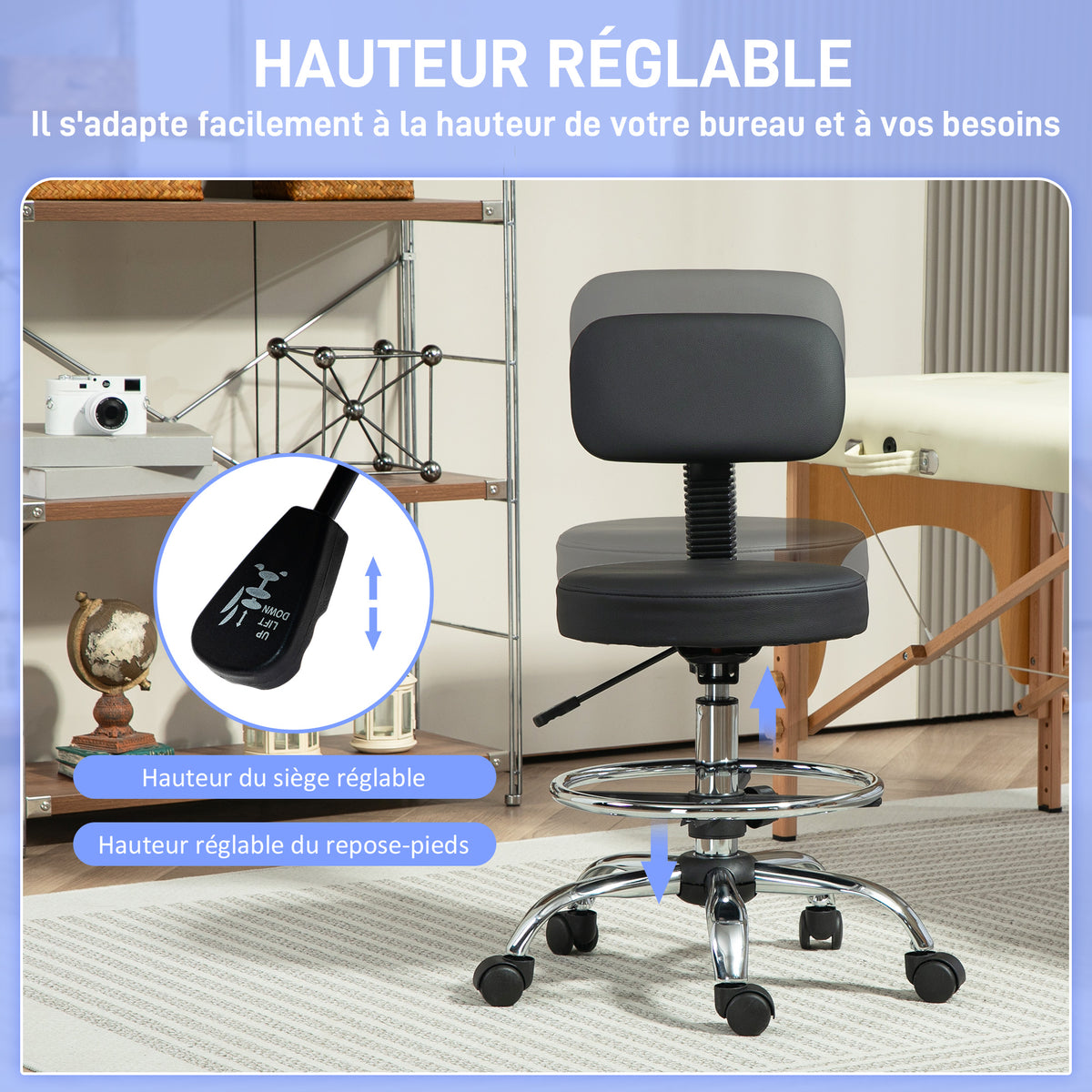 Chaise de bureau, chaise de dessin, repose-pieds réglable, hauteur réglable, pivotante 360°, 52x52x92cm, noir-3