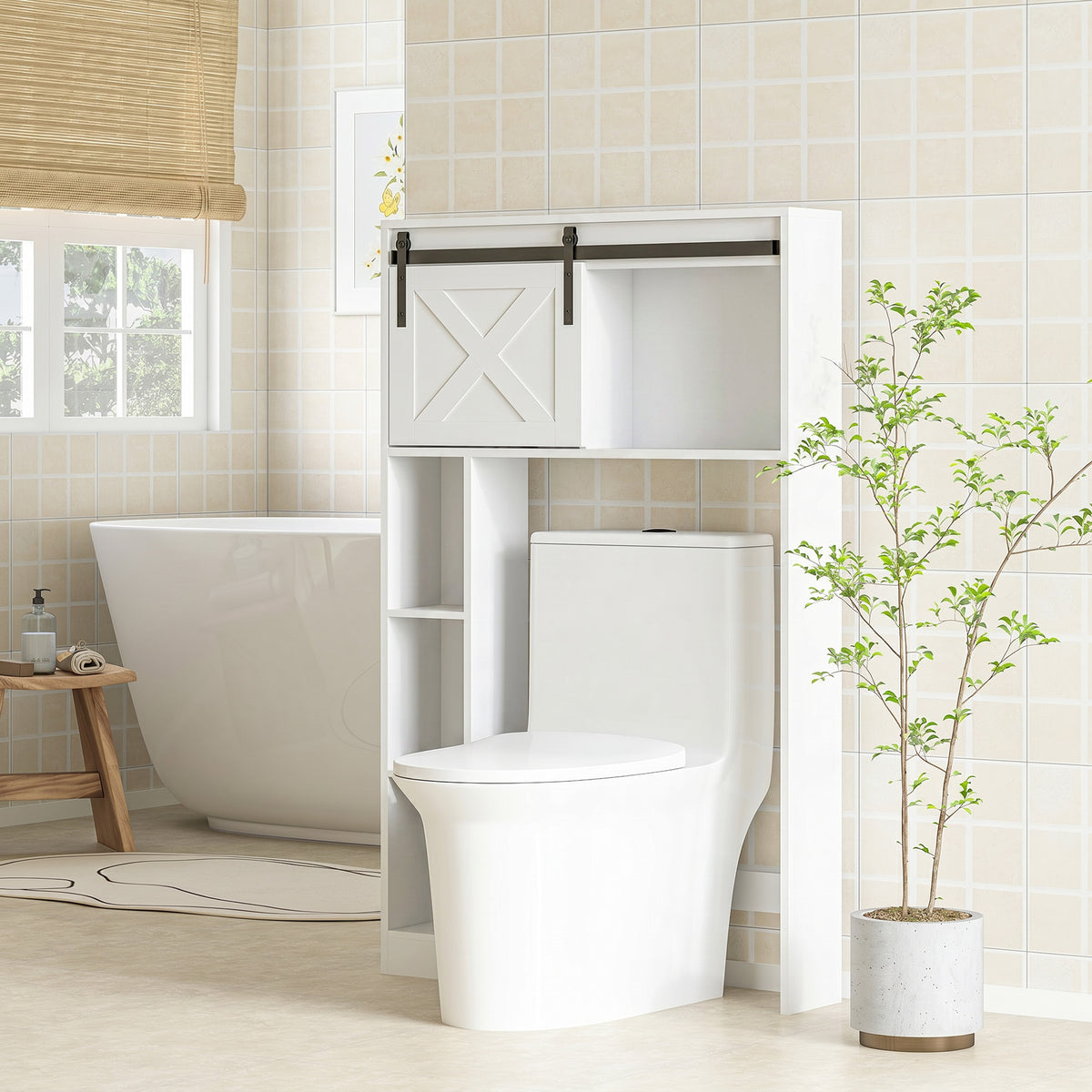 Meuble de rangement au-dessus des toilettes avec porte coulissante, Meuble étagère dessus WC, étagère réglable, blanc-1