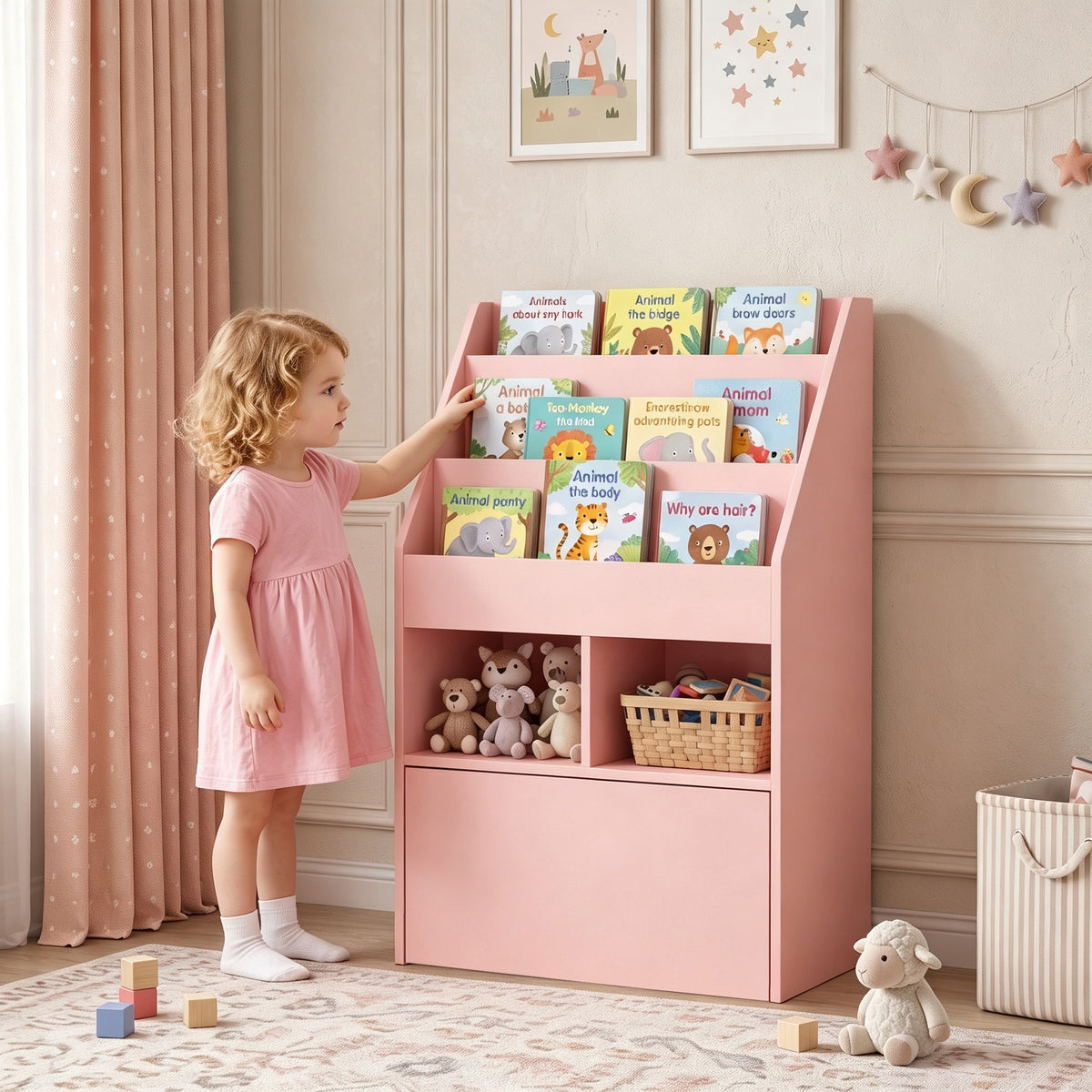 Bibliothèque étagère Multi-Rangement 3 étagères 2 niches Grand tiroir en bois Rose-1