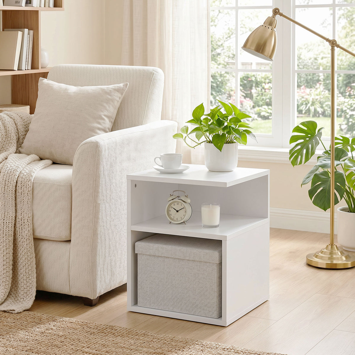Table d'Appoint, Table Basse Moderne 3 Niveaux avec Étagères Ouvertes, pour Salon, Chambre ou Bureau, Blanc-8