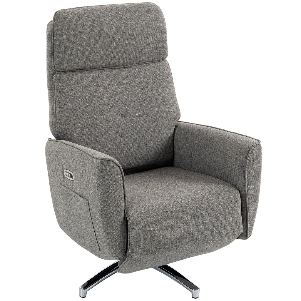 Fauteuil Relax Électrique Pivotant 360°, Fauteuil Inclinable avec Appui-Tête Réglable, Ports USB, Tissu en Lin, Gris-0