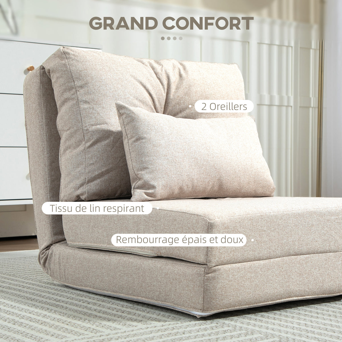 Chauffeuse canapé-lit convertible fauteuil 1 place avec 1 coussin avec dossier réglable, beige-5