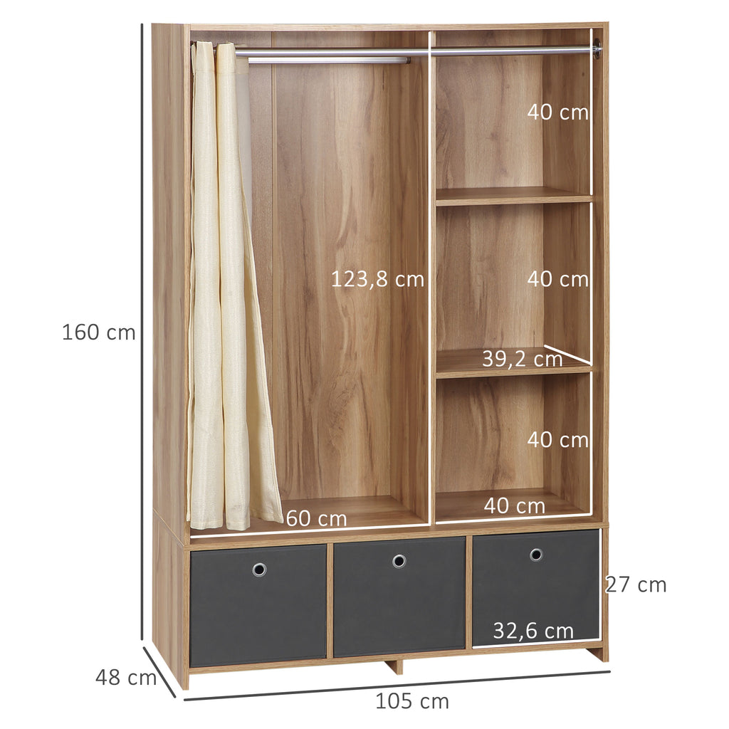 Armoire penderie armoire de rangement avec tringle rideaux 3 tiroirs en tissu amovibles 105 x 48 x 160 cm naturel-2