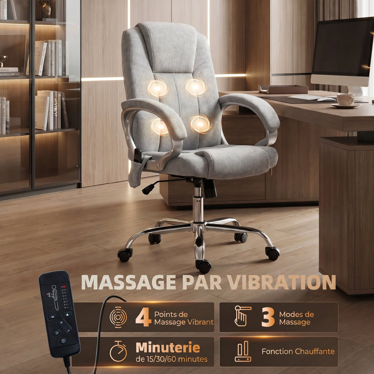 Fauteuil de Bureau Massant et Chauffant, Chaise de Bureau Ergonomique, Hauteur et Accoudoirs Réglables, Gris-3