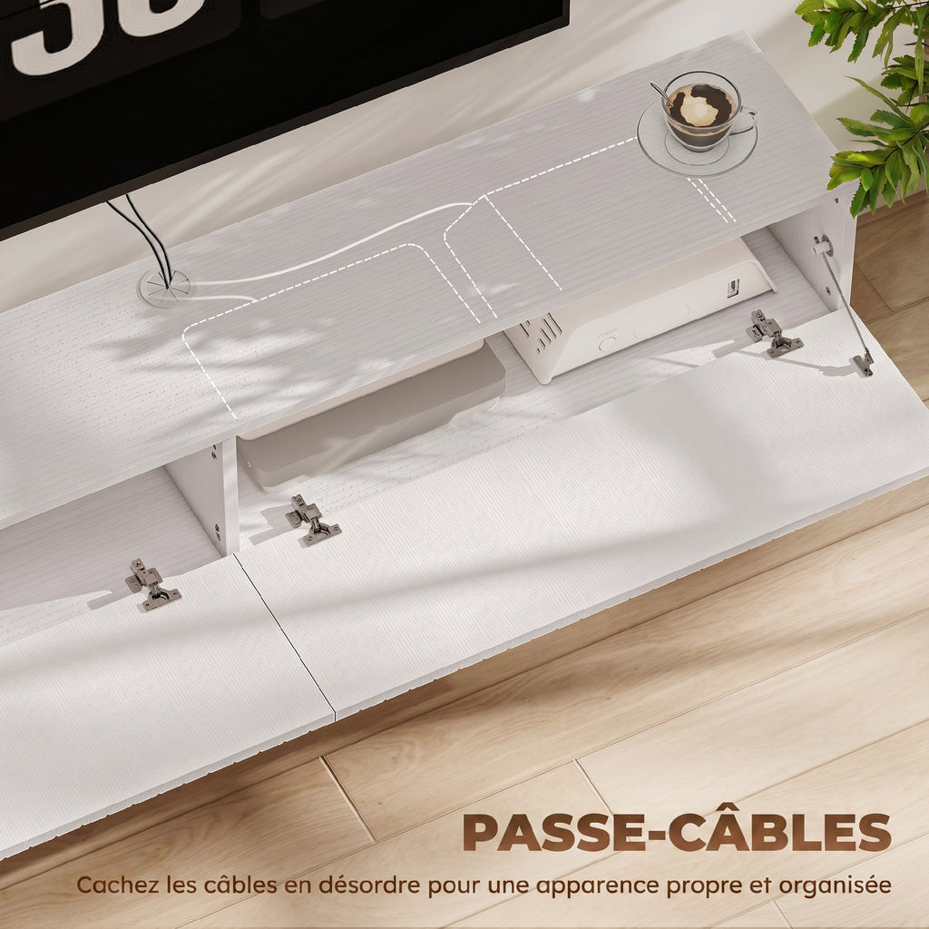 Meuble TV suspendu 140cm, meuble télé pour téléviseur 72 pouces, 2 portes rabattables, 140x25x22cm, blanc-5