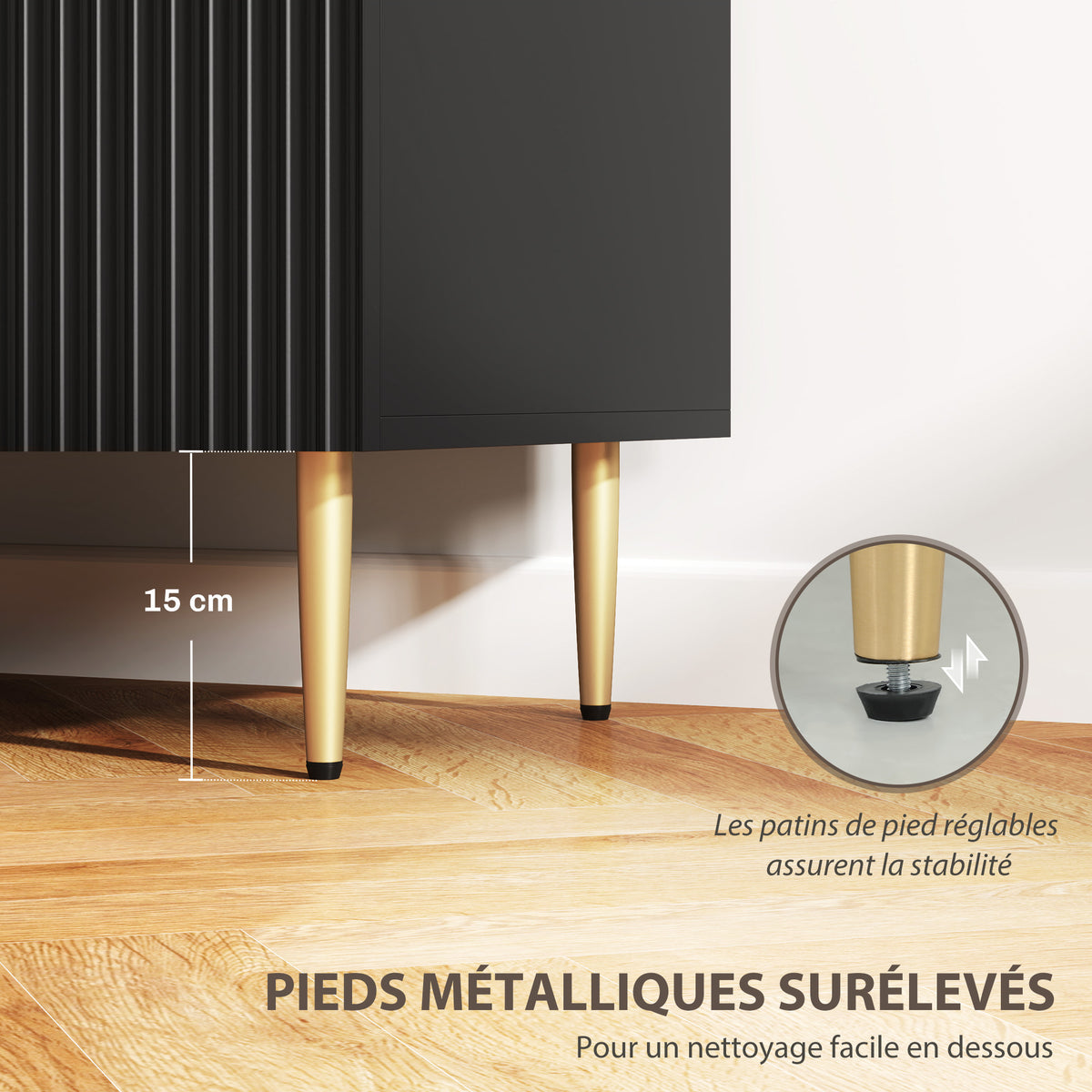 Buffet meuble cuisine rangement avec 3 tiroirs, étagères réglables, placards à portes cannelées, 120 x 40 x 90 cm, noir-6