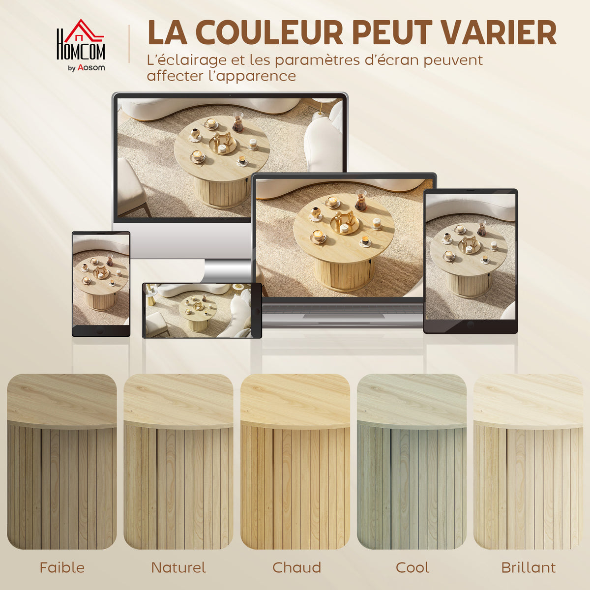 Table basse ronde, table de salon avec rangement, porte coulissante à lattes, 2 étagères, effet bois naturel-7