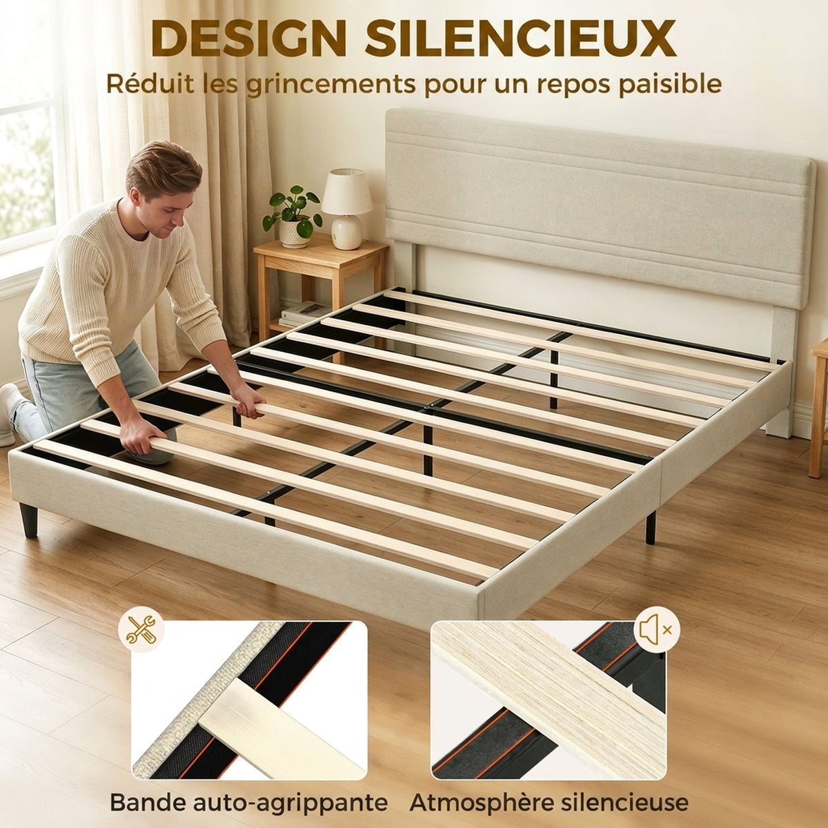 Cadre de Lit 160 x 200 cm avec Sommier en Bois, Rembourré en Effet Lin, Cadre en Acier, 9 Pieds Robustes, Beige-5