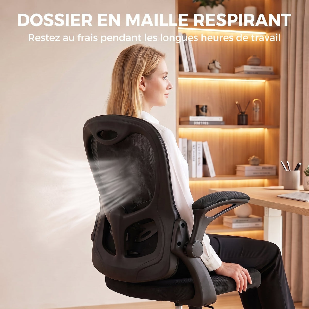 Chaise Bureau Ergonomique, Fauteuil de Bureau Maille, Accoudoirs Relevables, Hauteur Réglable, Fonction Bascule, Noir-5