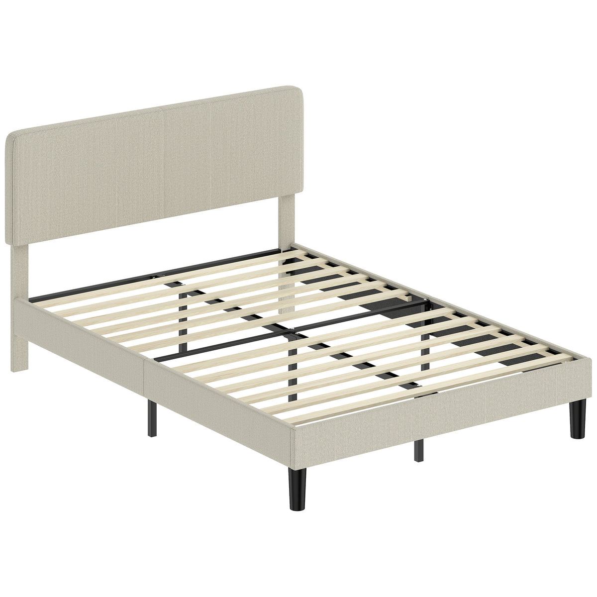 Cadre de Lit 140 x 190 cm avec Sommier, Tête Réglable, Lit Double Rembourré en Velours Côtelé, Sans Bruit, Gris Clair-0