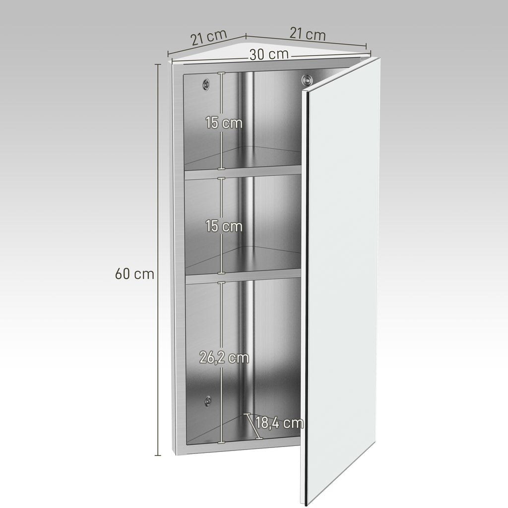 Armoire Miroir Salle de Bain Armoire de Toilette Murale Meuble d'angle 2 étagères dim. 30L x 18,4l x 60H cm Acier INOX.-2