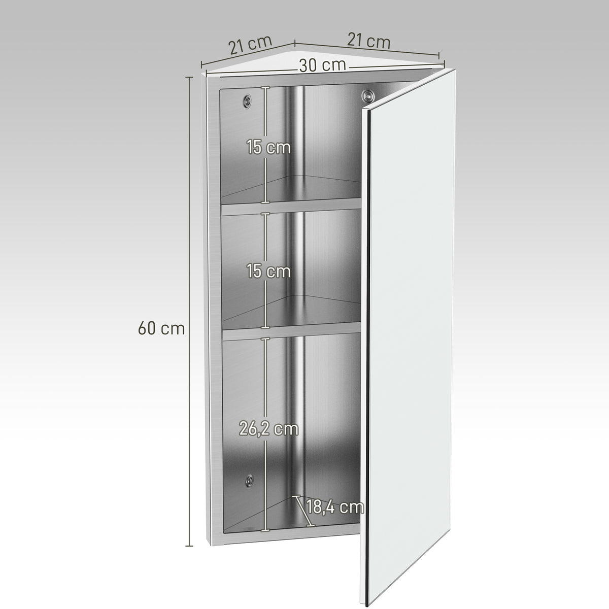 Armoire Miroir Salle de Bain Armoire de Toilette Murale Meuble d'angle 2 étagères dim. 30L x 18,4l x 60H cm Acier INOX.-2
