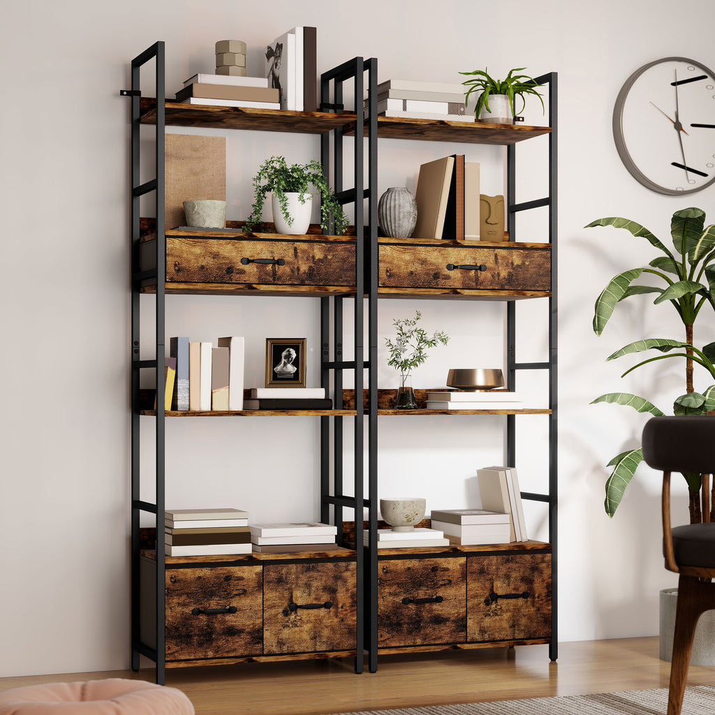 Bibliothèque étagère de rangement à 6 niveaux avec 4 étagères, 3 tiroirs en tissu, 60x30x176cm, brun rustique-8