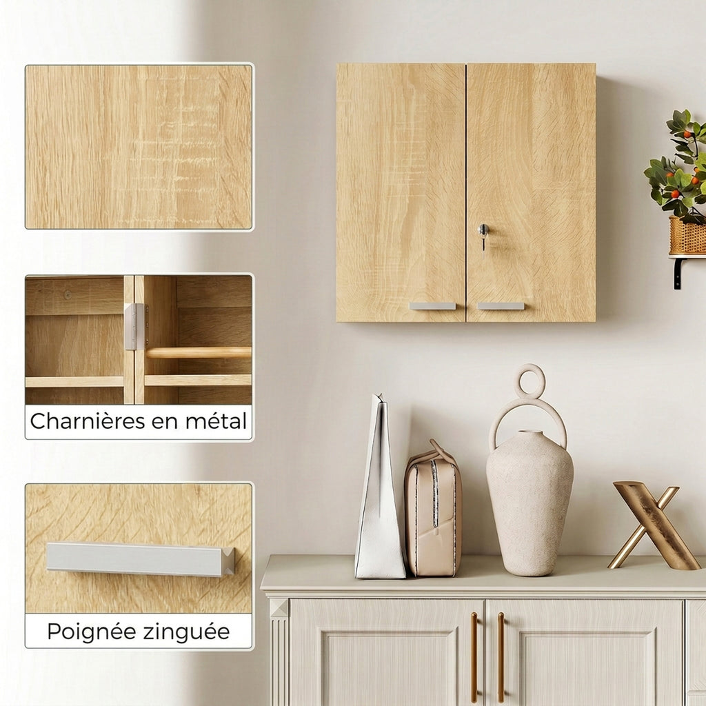 Armoire à pharmacie murale, armoire à médicaments avec double porte verrouillable 2 clés, 53x20x53cm, chêne-5