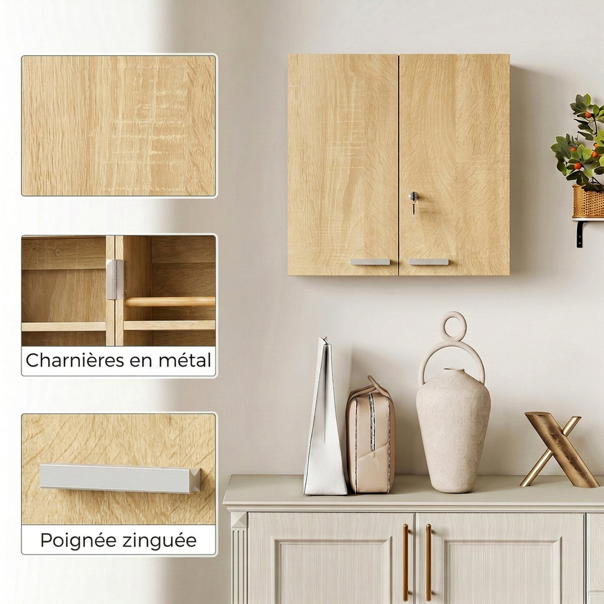 Armoire à pharmacie murale, armoire à médicaments avec double porte verrouillable 2 clés, 53x20x53cm, chêne-5