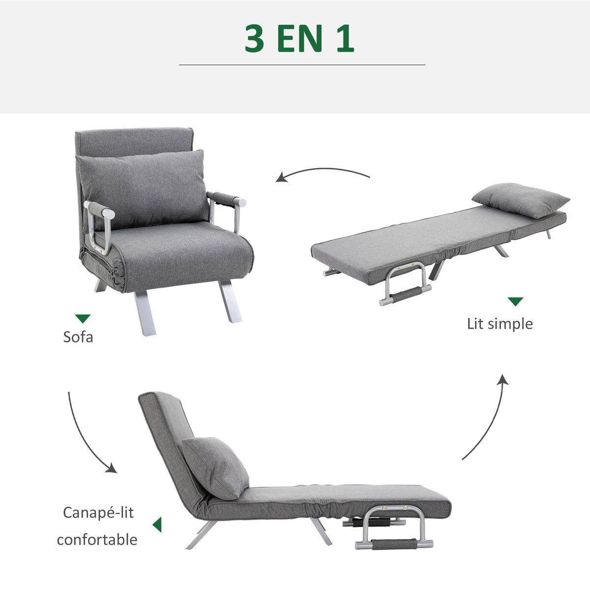 Fauteuil chauffeuse canapé-lit Convertible 1 Place déhoussable Grand Confort Coussin Pieds accoudoirs métal Lin Gris Clair-4