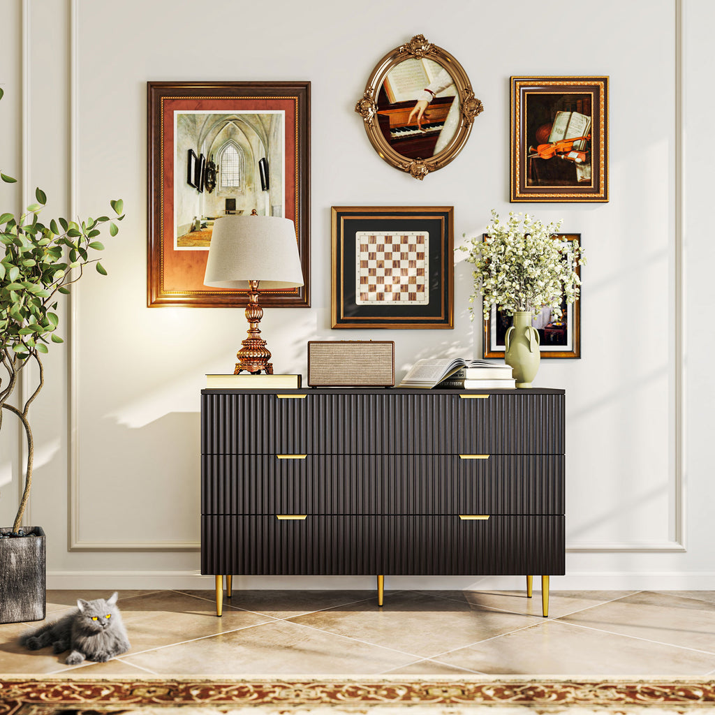 Commode 6 tiroirs commode chambre meuble de rangement moderne avec poignées et pieds dorés, 120 x 40 x 76,5 cm, noir-7