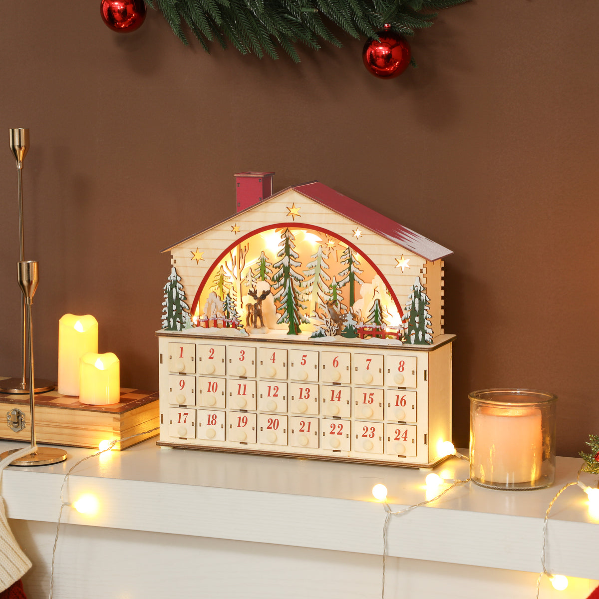 Calendario dell’Avvento di Natale con villaggio in legno, 24 cassetti e 15 LED