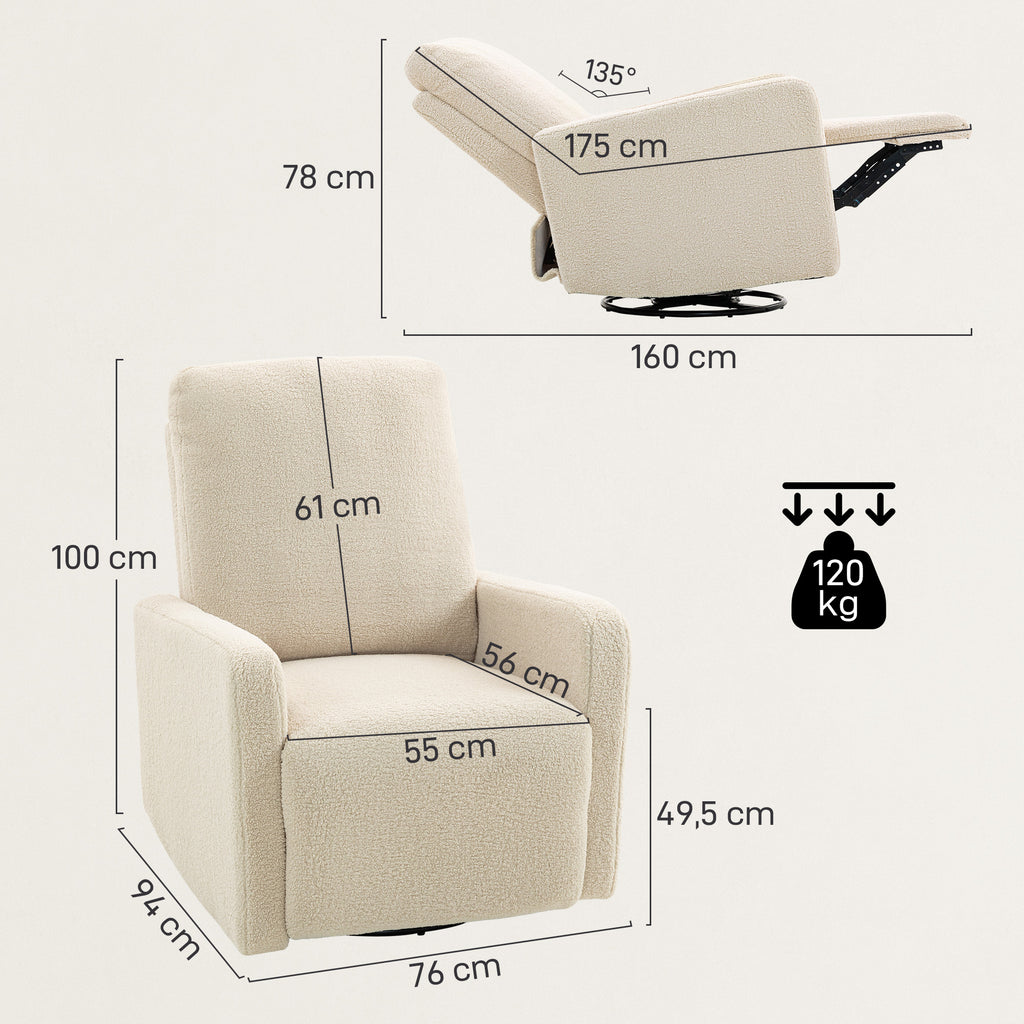 Fauteuil inclinable, fauteuil de relaxation avec repose-pieds, pivotant à 360° et basculant, 76 x 94 x 100 cm, beige-2