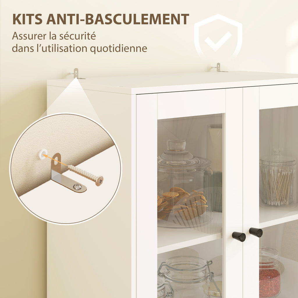 Buffet haut cuisine, armoire de cuisine avec portes vitrées, tiroirs et étagères réglables, 59x30x170cm, blanc brillant-5