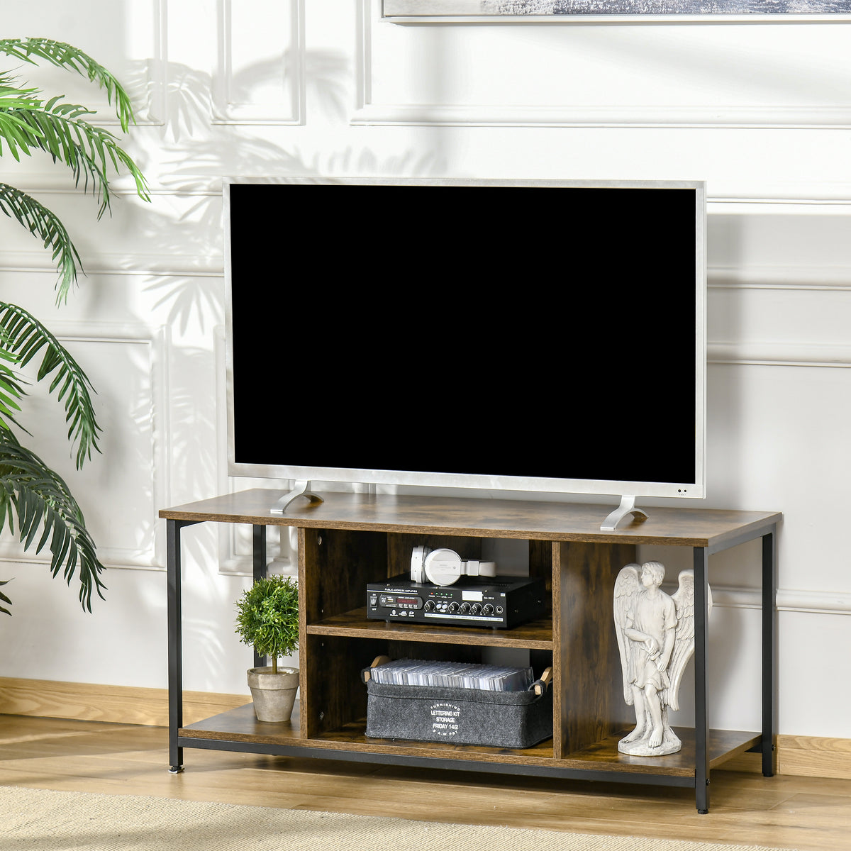 Meuble TV, meuble télé avec compartiments ouverts, étagère réglable, 110x40x50cm, brun rustique-9