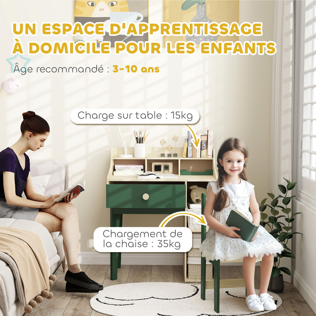 Ensemble bureau et chaise pour enfant avec étagères de rangement et tiroir, mobilier pour enfants de 3 à 10 ans, vert-7