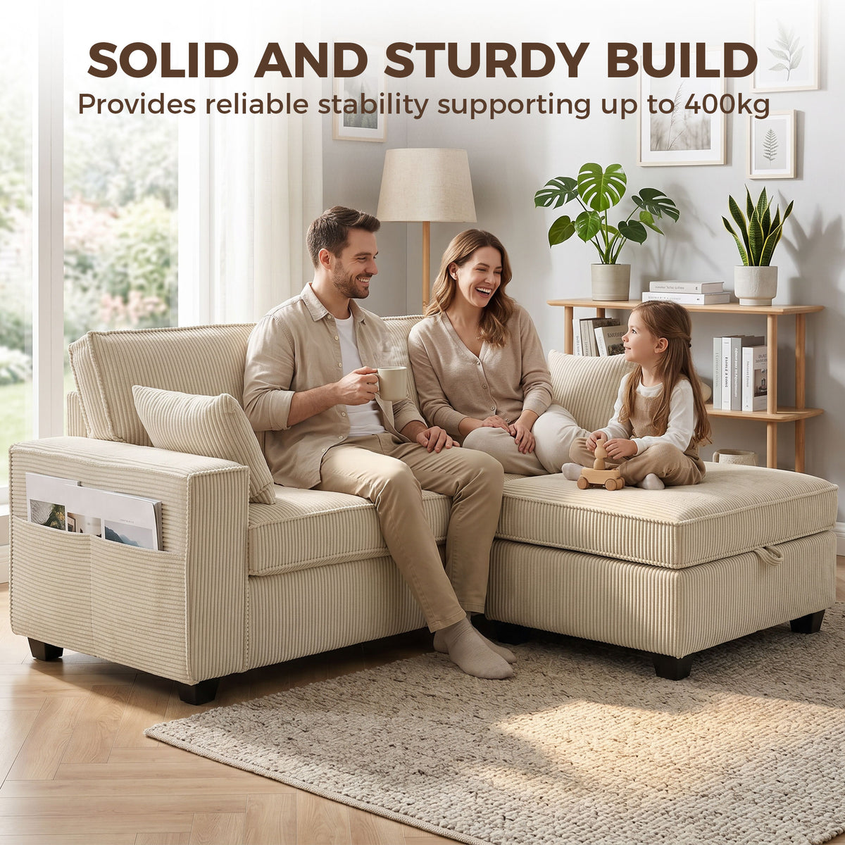 Canapé 3 Places avec Pouf de Rangement, Canapé d'Angle en Velours Côtelé, Assise Large, 2 Coussins, Beige-7