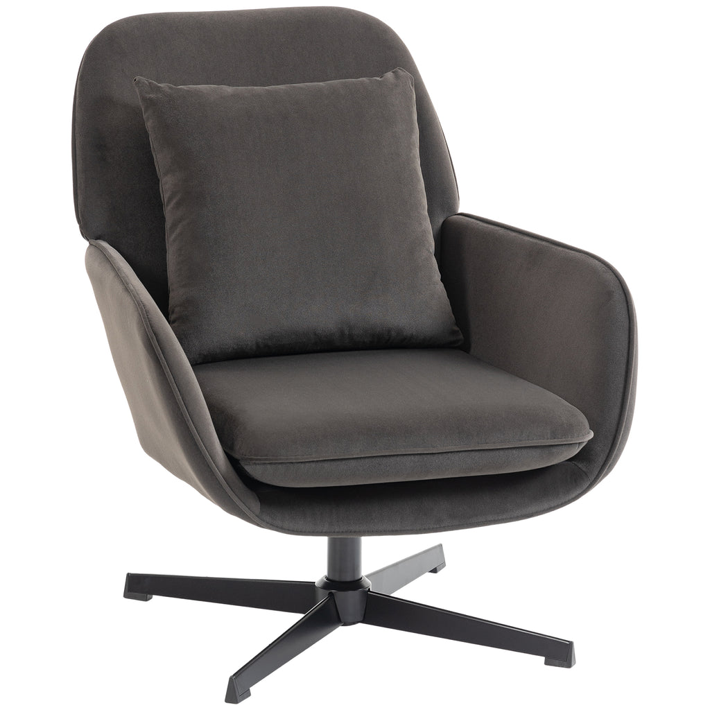 Fauteuil salon, fauteuil d'appoint rembourré en velours avec large assise, coussin et structure en métal, gris foncé-0