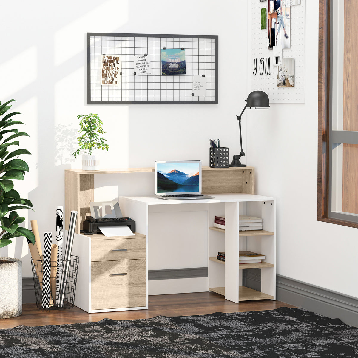 Bureau informatique avec 2 tiroirs, bureau avec rangement, 137 x 55 x 92 cm, étagères ouvertes et tablette-1