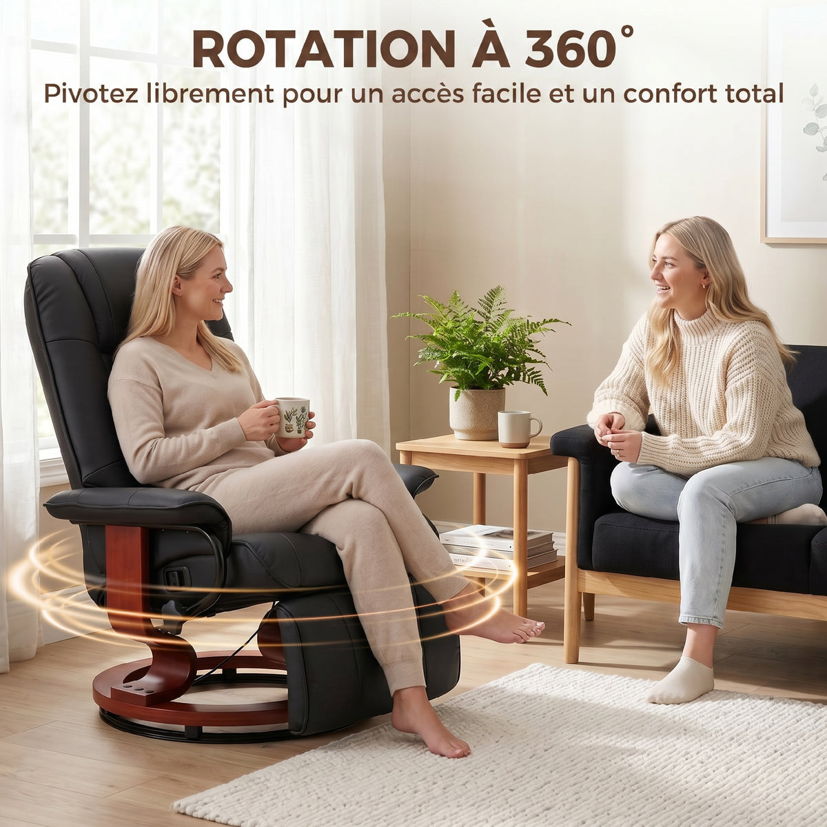 Fauteuil Relax Inclinable, Fauteuil de Salon, Repose-Pieds Réglable, Pivotant 360°, Piètement Bois, Revêtement Synthétique, Noir-4