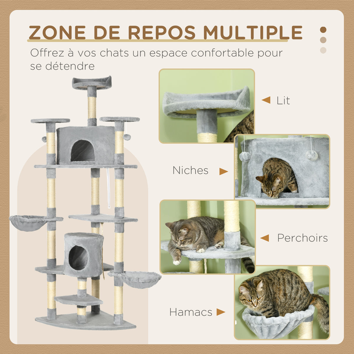 Tiragraffi XXL per gatti 200 cm con casette e amache, grigio chiaro