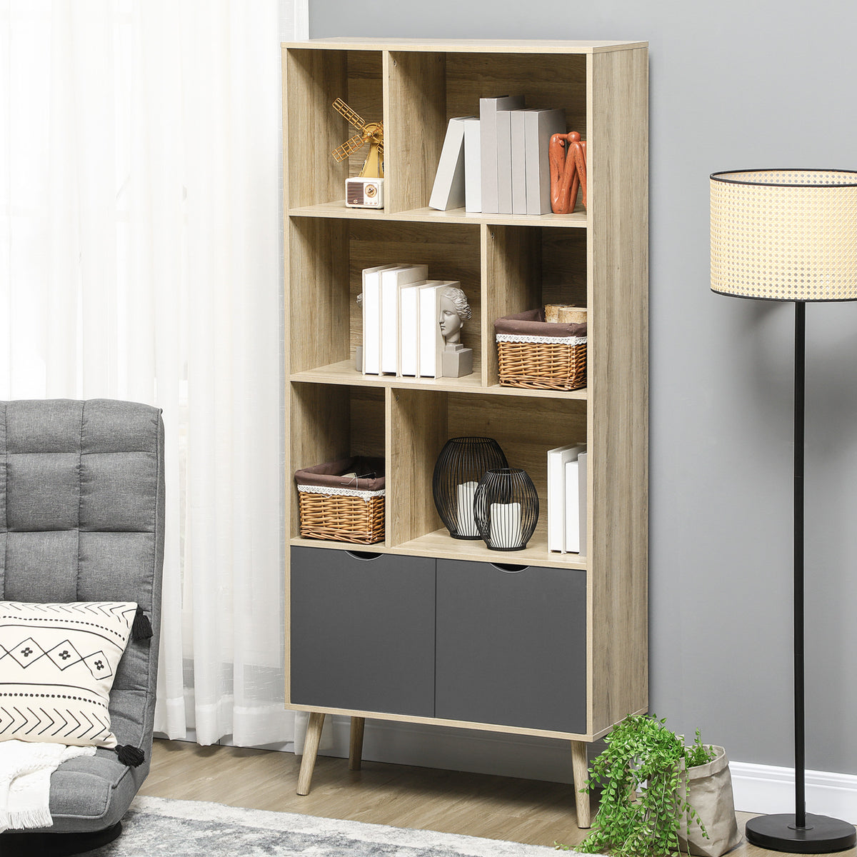 Bibliothèque étagère meuble de rangement placard 6 étagères dim. 80L x 35l x 180H cm naturel et gris foncé-9