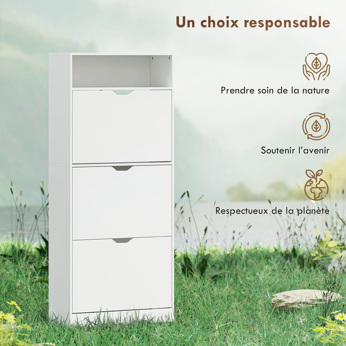 Meuble à chaussures 18 paires, armoire à chaussures étroite, 3 tiroirs rabattables, étagères réglables, blanc-7
