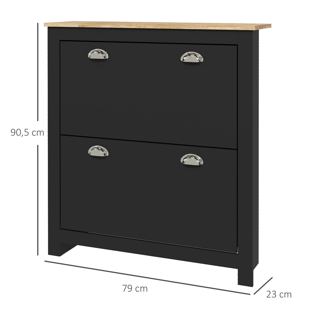 Armoire à chaussures 2 portes abattantes 2 compartiments poignées coquilles métal 79 x 23 x 90,5 cm noir chêne-2