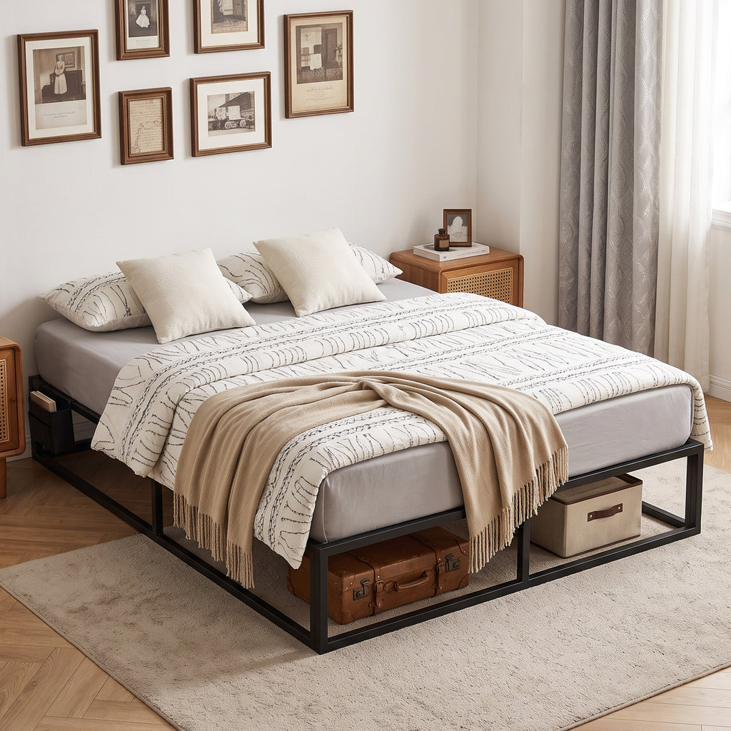 Cadre de Lit 140 x 190 cm avec Sommier, Lit Double avec Pochette de Rangement, Support à Lattes en Bois, Noir-8
