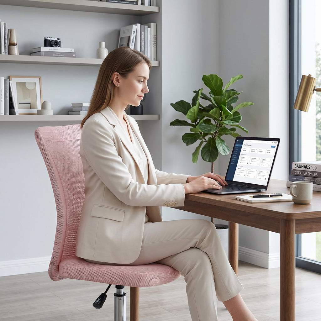Chaise de bureau ergonomique hauteur réglable piètement chromé pivotant 360° revêtement maille rose-9